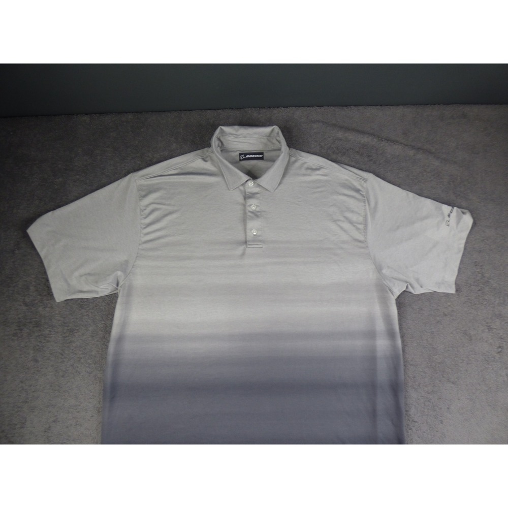 Boeing Mens XL Polo Shirt Grey Ombre Gradient Short Sleeve Aviation Logo Top
